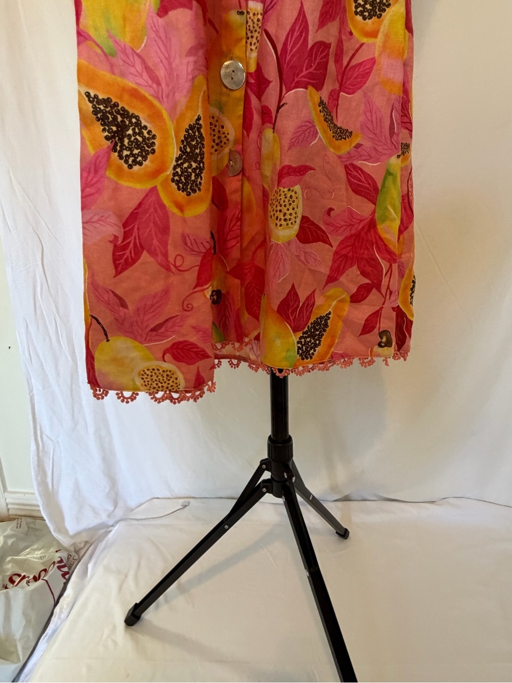 Farm Rio Pink Tropical Fruit Print Linen Blend Midi Dress XS Puff Sleeve READ - Picture 9 of 14